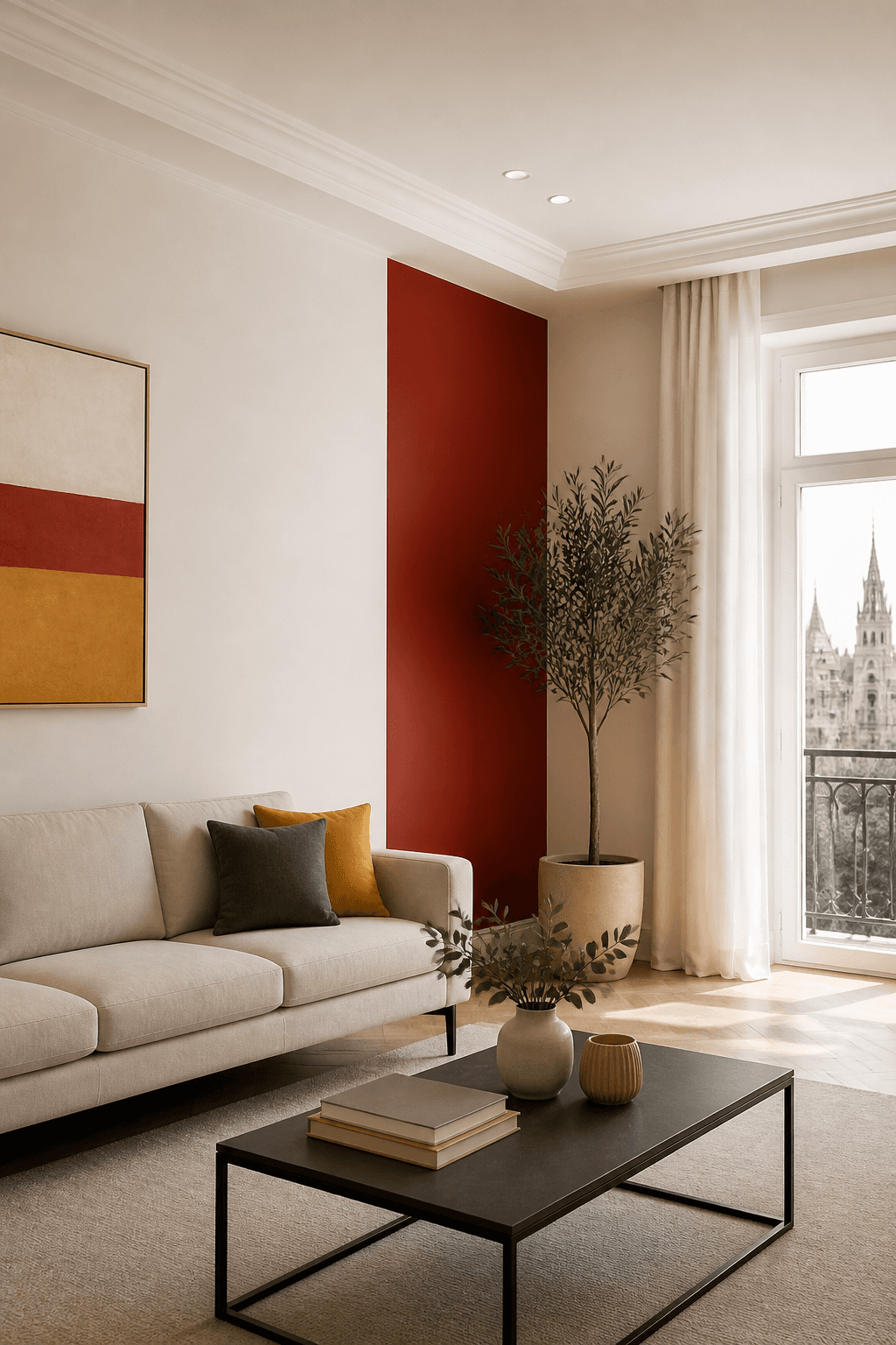 Salón luminoso con pared en tonos rojo y amarillo Aragón